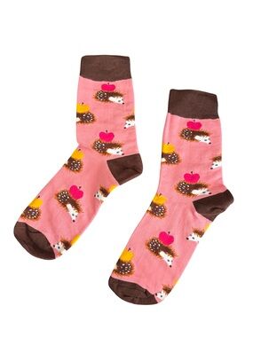 Hedgehog Apple Colorful Novelty Crew Socks Womens Pink and Brown